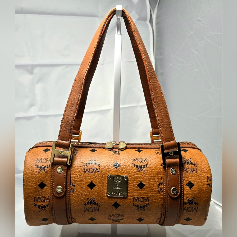 MCM Visetos Monogram Leather Barrel Shoulder Bag in Cognac Brown - Picture 3 of 14